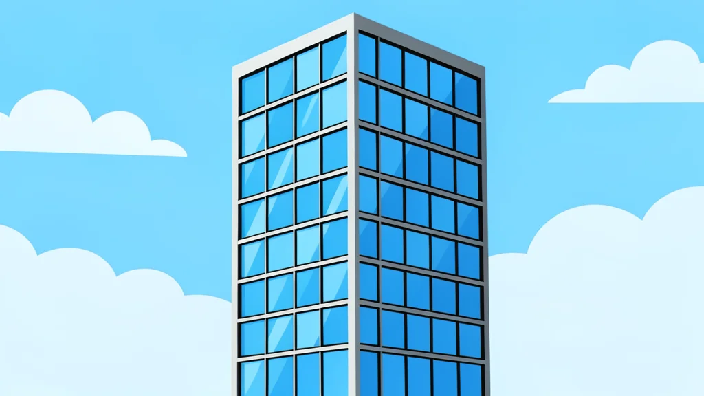 A modern glass skyscraper with a grid of windows reflecting the sky