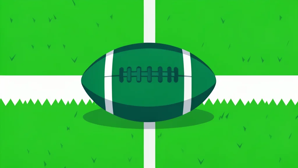 A green football resting on a white yard line on a grass field