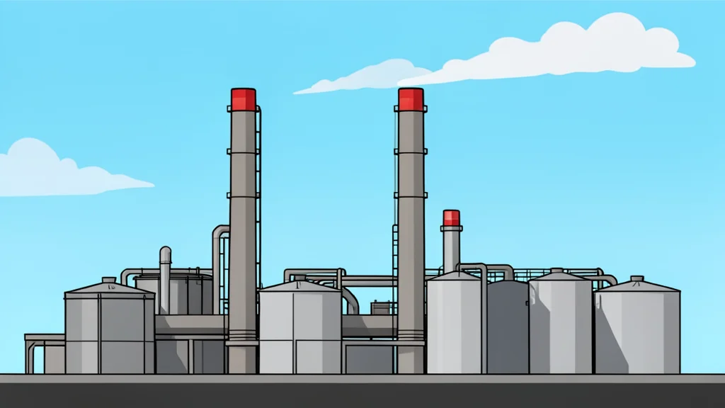 A large industrial oil refinery complex with tall smokestacks and storage tanks under a clear sky.