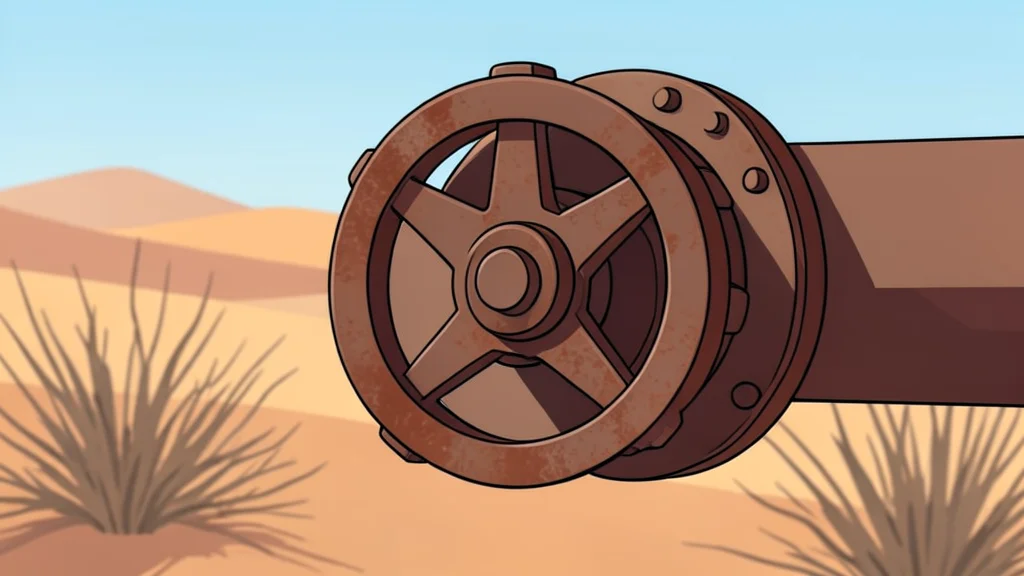 A long industrial pipeline stretching horizontally across a dry desert landscape.