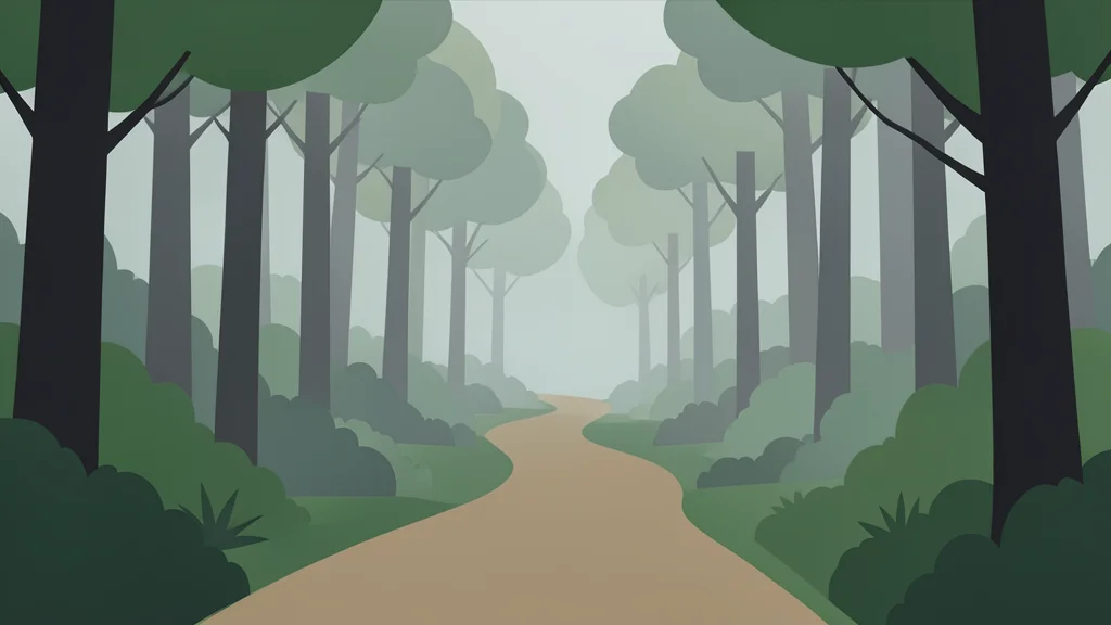 A winding dirt road cutting through a dense, misty forest with tall trees on either side