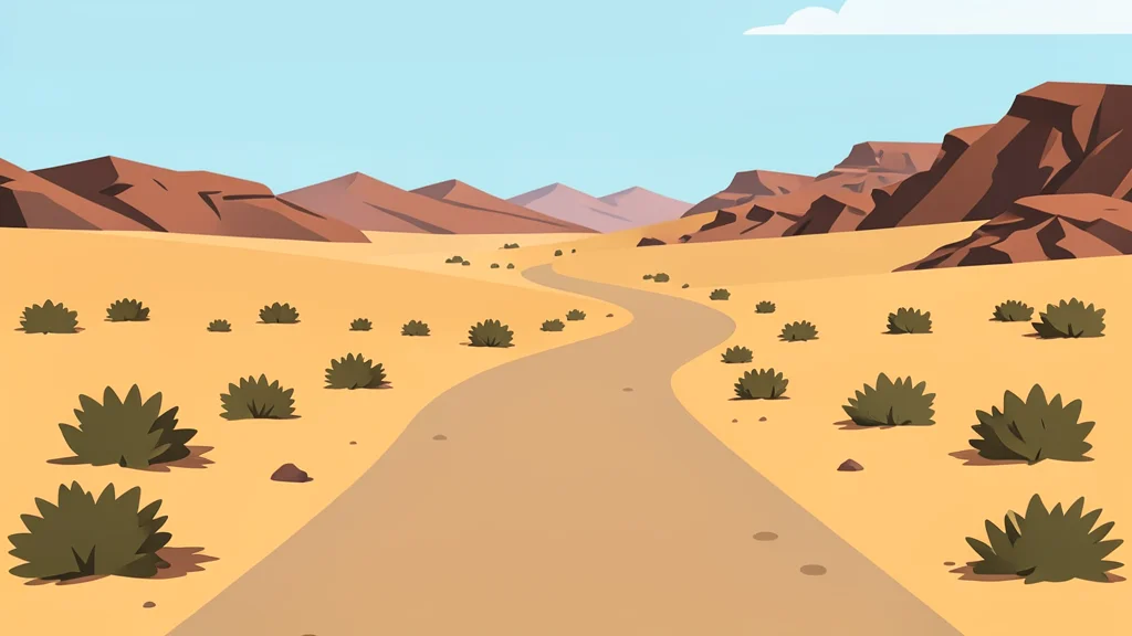 A dusty, unpaved road winding through a dry, arid landscape with sparse vegetation and distant rocky hills.