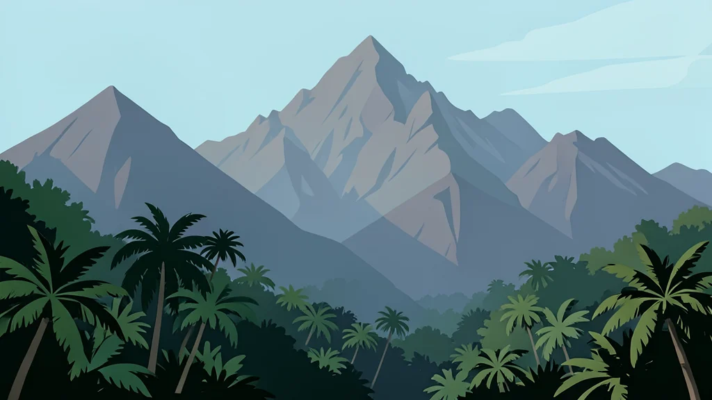 A mist-covered mountain range with dense tropical forest in the foreground