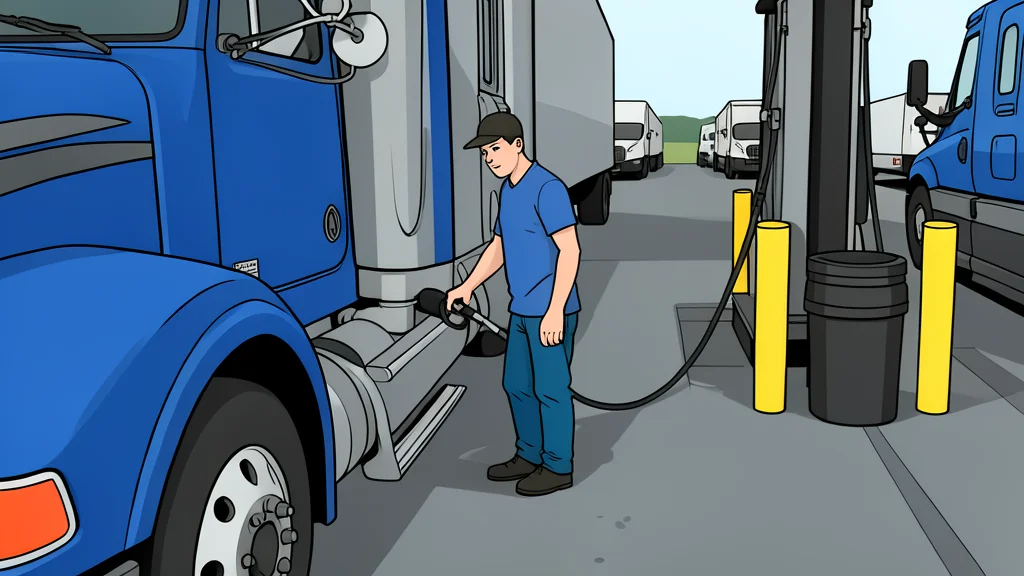 A heavy-duty semi-truck cab parked on an asphalt road next to a fuel pump nozzle