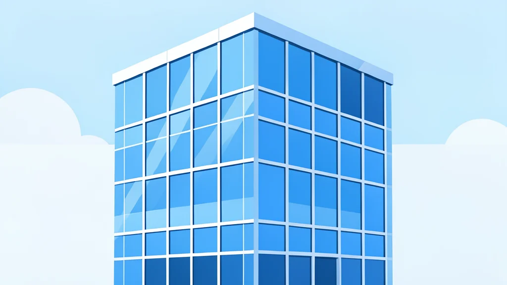 A modern glass office building with a grid of windows reflecting the sky.