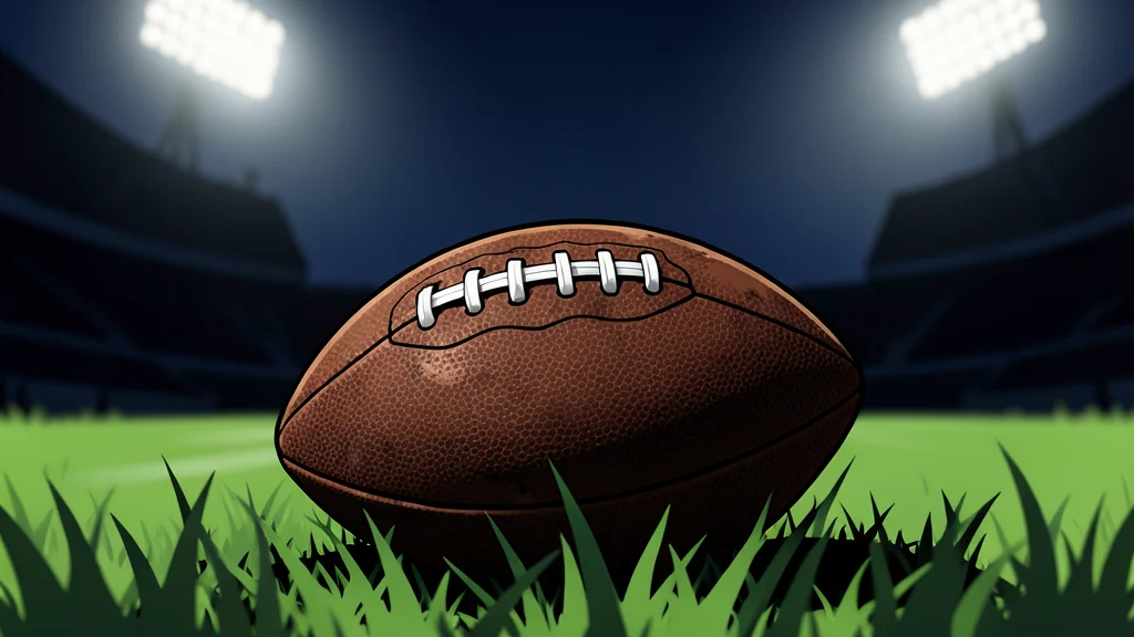 A green football field with white yard lines stretching into the distance under stadium lights