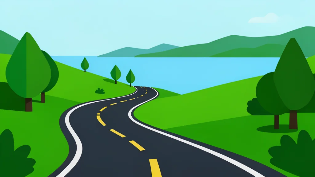 A winding asphalt road stretching through a green landscape towards a distant lake