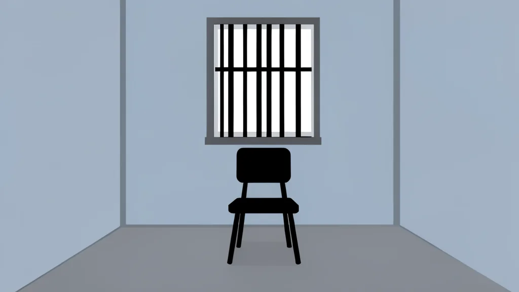 A solitary confinement cell with a barred window and a single chair
