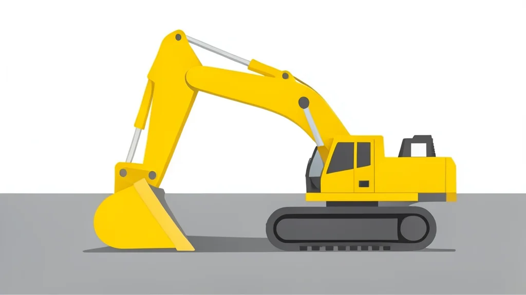 A yellow construction excavator arm resting on a gravel lot