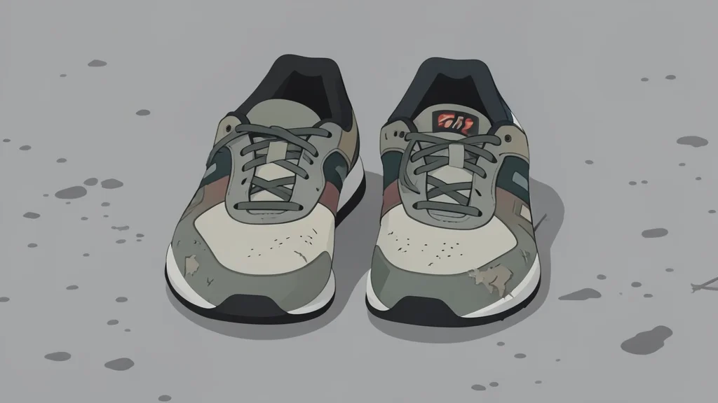 A pair of worn athletic shoes resting on a concrete floor