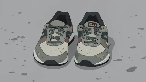 A pair of worn athletic shoes resting on a concrete floor