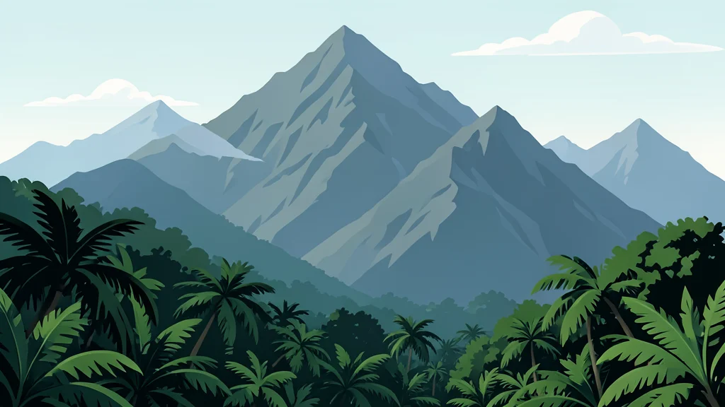 A rugged, mist-covered mountain range with dense tropical forest in the foreground
