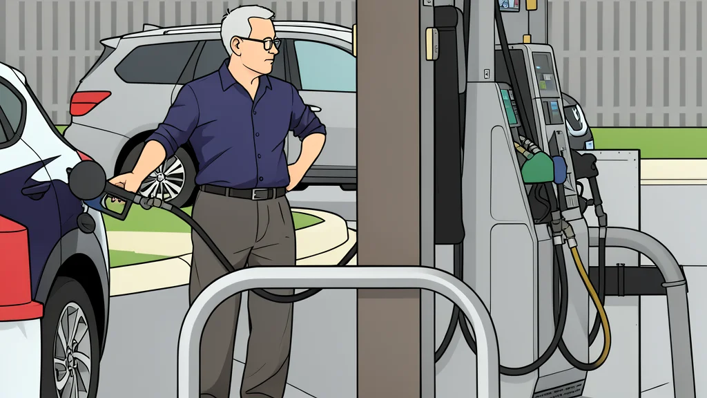 A black diesel fuel nozzle lies on grey concrete beside stacked shipping containers.