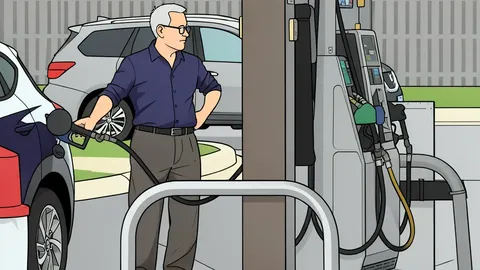 A black diesel fuel nozzle lies on grey concrete beside stacked shipping containers.
