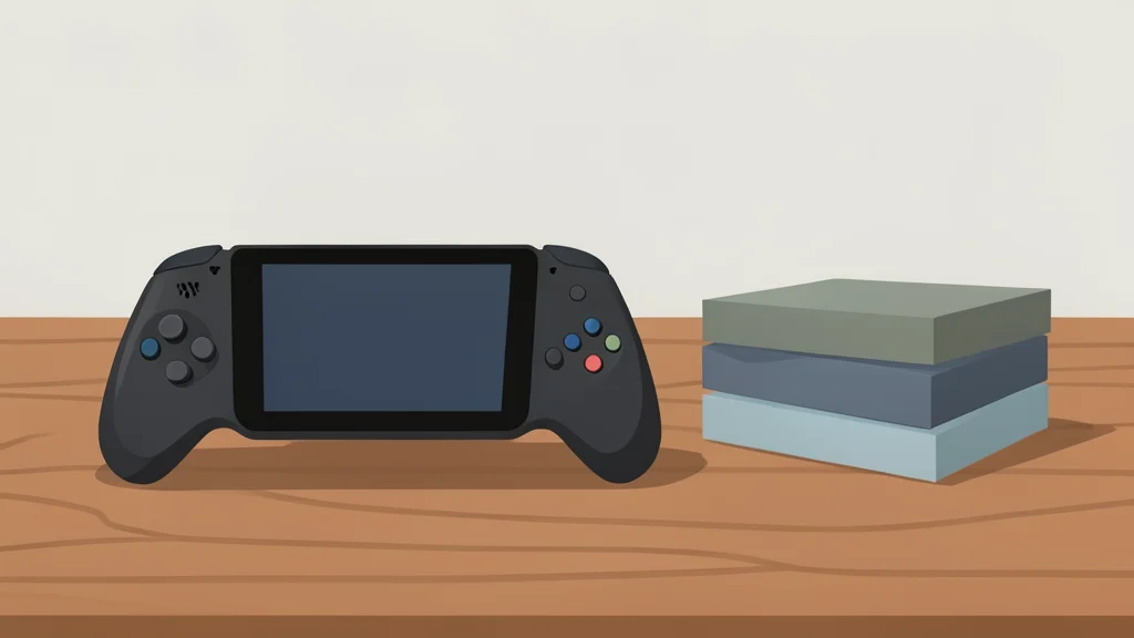 A stylized handheld gaming console with detachable parts resting on a wooden surface next to a stack of abstract game cases.