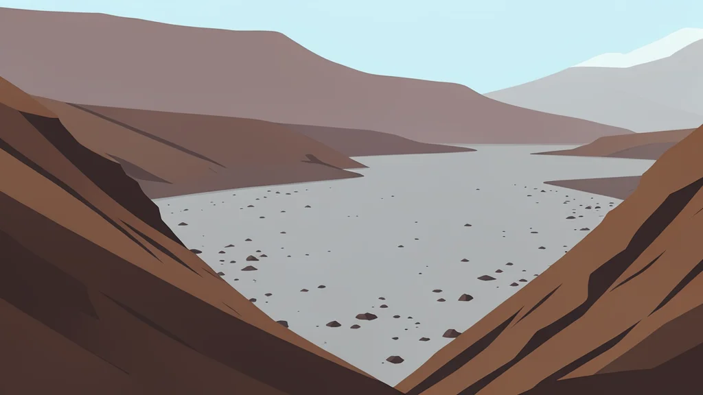 A steep, barren hillside overlooking a wide river valley covered in a flat layer of grey silt and scattered debris