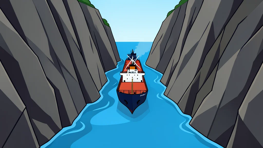 A flat vector illustration of a large oil tanker navigating a narrow, winding waterway between steep rocky cliffs.