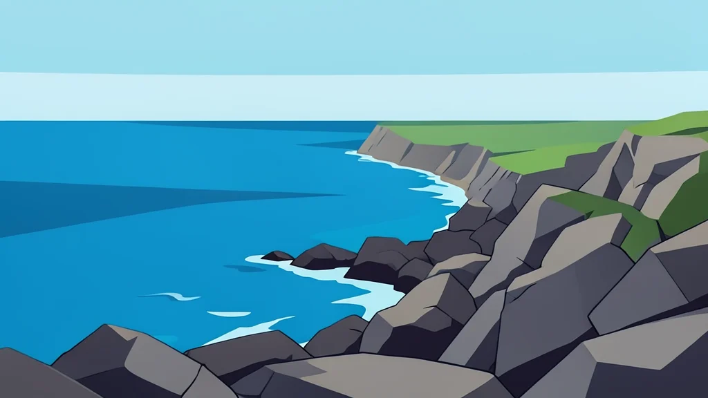 A rocky coastline meeting the sea with a narrow strait in the distance