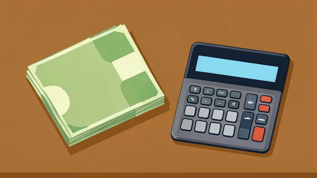 A stack of paper currency and a calculator on a wooden desk