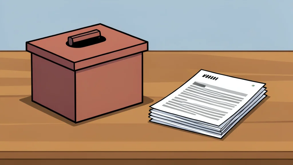 A ballot box and a stack of voting papers on a wooden table