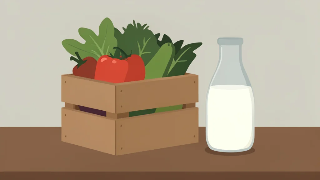 A wooden crate filled with fresh produce and a glass bottle of milk on a rustic table