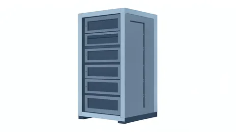 A sleek server rack standing in a dimly lit server room