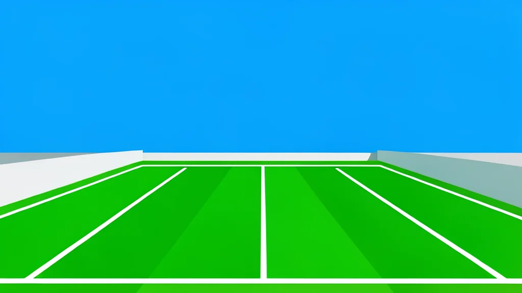 A wide-angle view of a green football field with white yard lines under a clear blue sky.