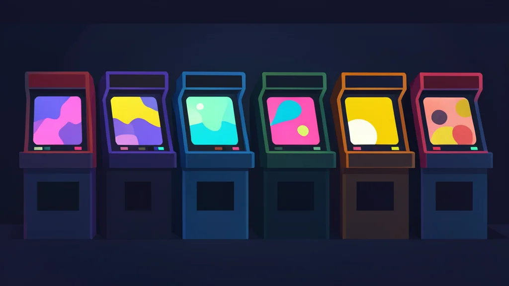 A row of colorful arcade cabinets with glowing screens in a dimly lit room