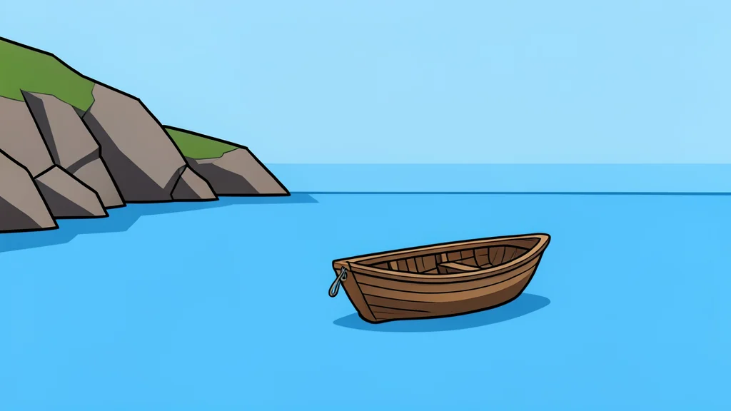 A small wooden boat floating on calm blue water near a rocky coastline
