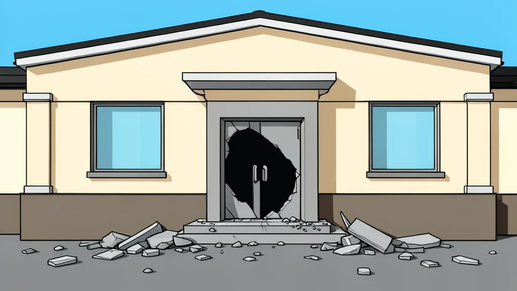 A police station building facade with a damaged entrance and scattered debris on the ground