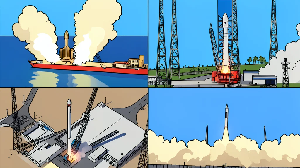 A stylized vector rocket rising vertically from a launch pad against a clear blue sky.