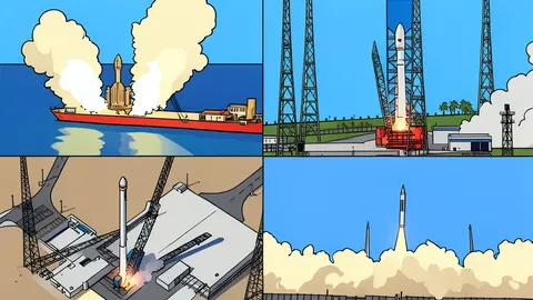 A stylized vector rocket rising vertically from a launch pad against a clear blue sky.