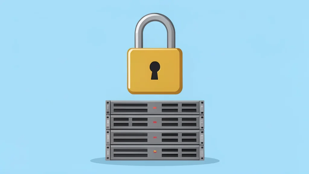 A digital padlock hovering over a stack of server racks