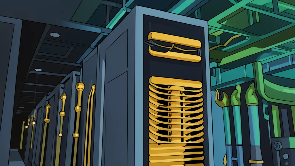 A large industrial server rack with glowing blue status lights in a dark room