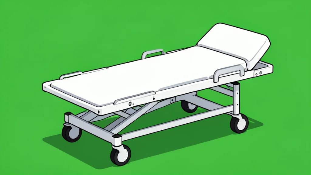 A white medical stretcher with padded rails resting on a green grass field