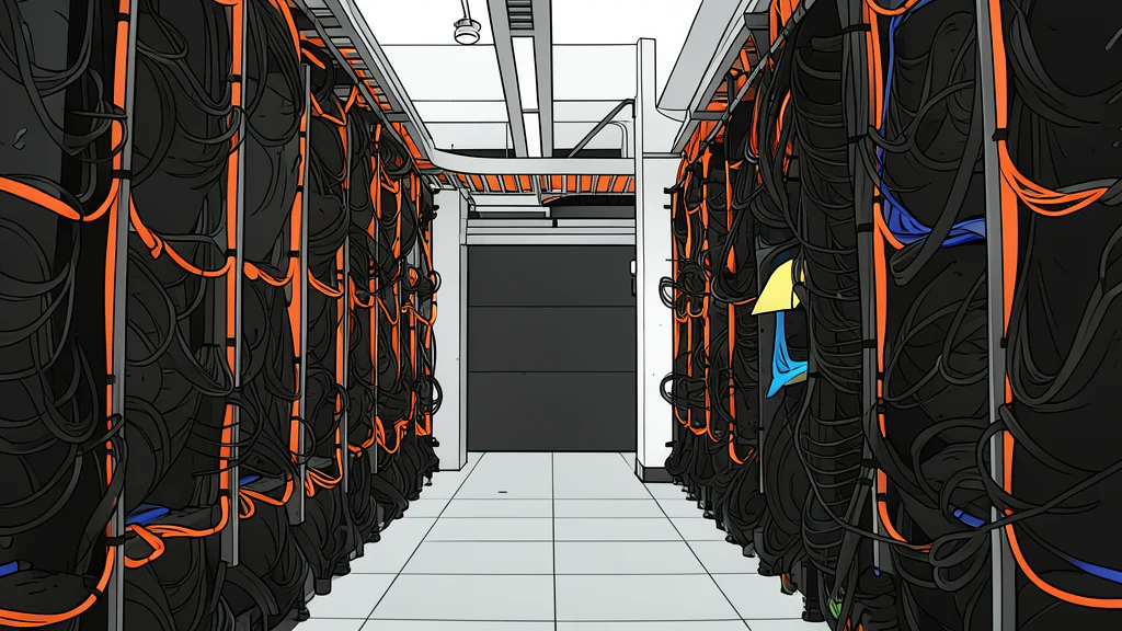 A vast, dimly lit warehouse filled with rows of tall, black server racks with blinking indicator lights