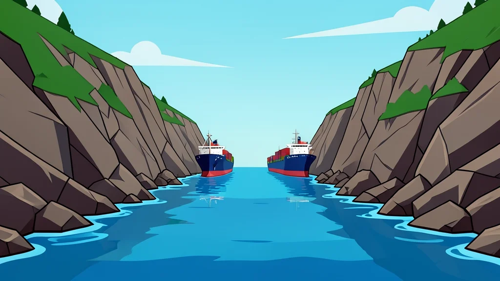 A wide view of a narrow sea strait with large cargo ships navigating through the water between rocky coastlines