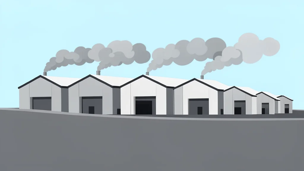 A row of industrial warehouse buildings with smoke rising from the roof