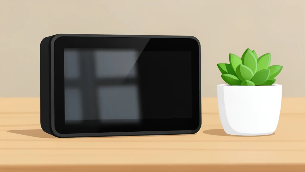 A small, square electronic device with a screen sitting on a wooden shelf next to a potted plant
