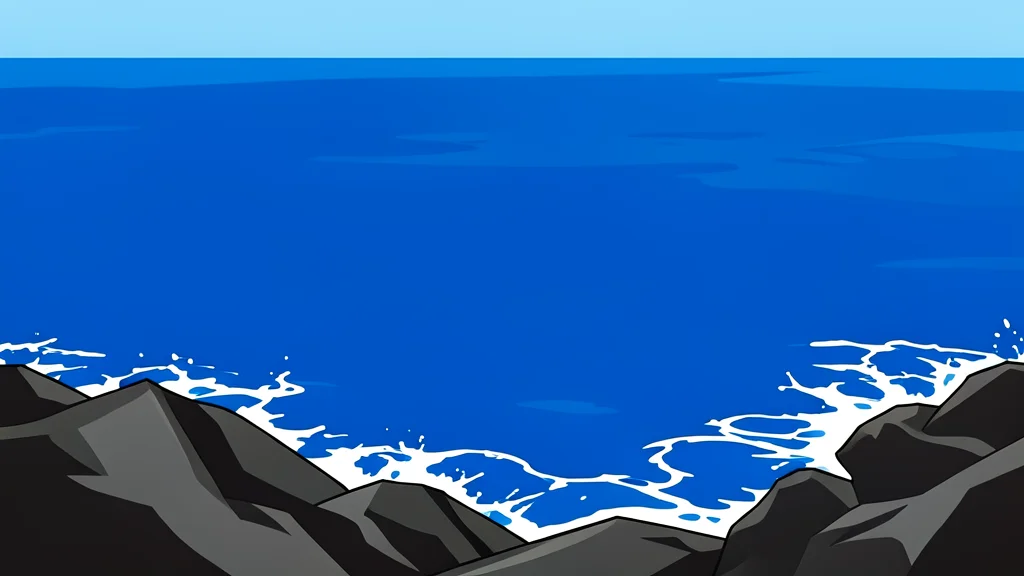 A wide expanse of deep blue ocean water with white foam from waves crashing against dark, jagged rocks.