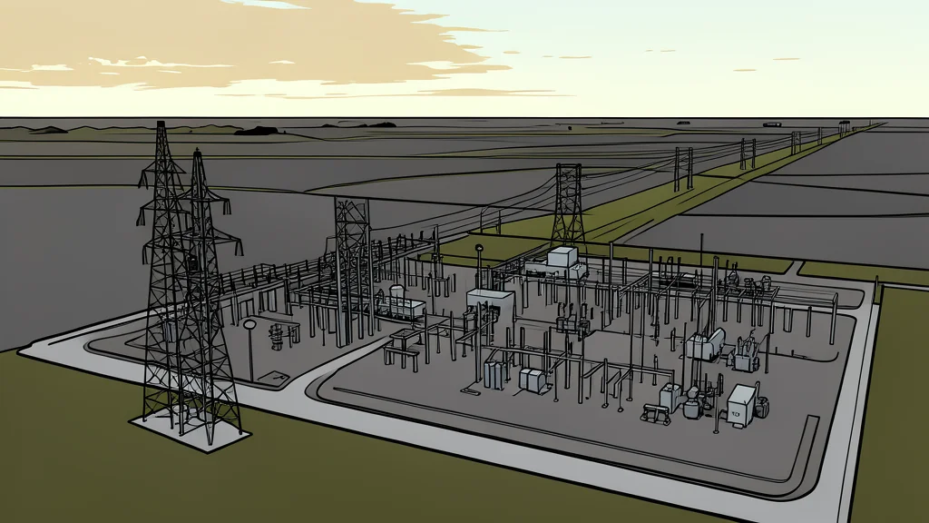 A high-voltage electricity transmission tower standing in a grassy field