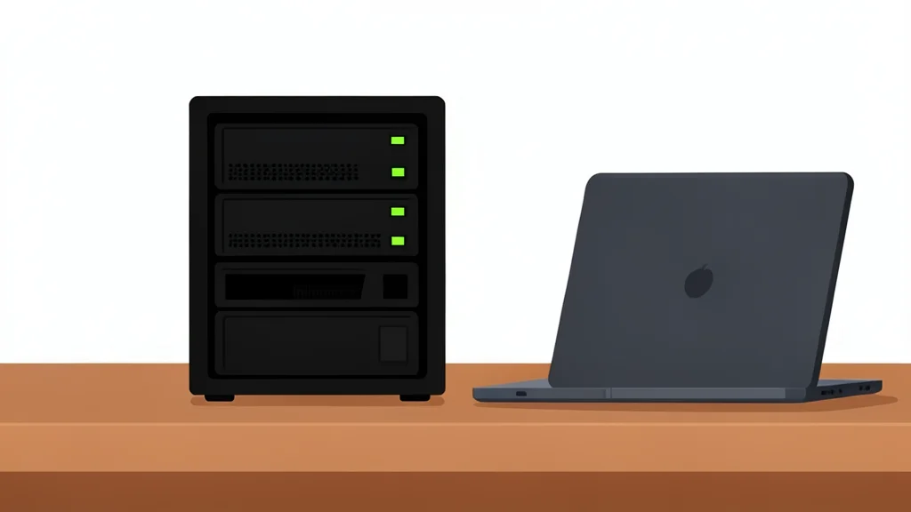 A small black server rack unit with blinking status lights on a wooden desk next to a laptop