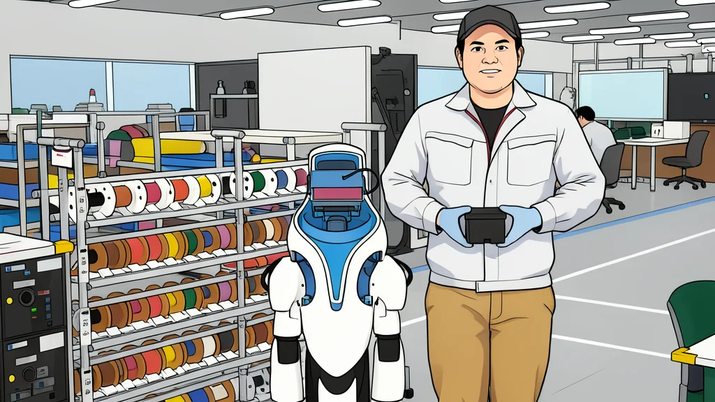 A sleek, wheeled industrial robot with articulated two-fingered hands standing on a clean factory floor