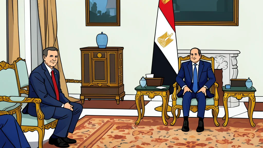 A minimalist vector illustration of a diplomatic meeting table with two chairs and a glass of water.