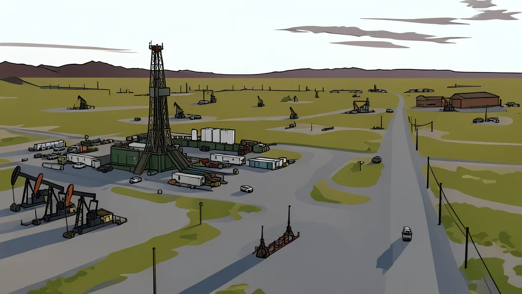 A steel derrick standing in a flat, open landscape under a clear sky