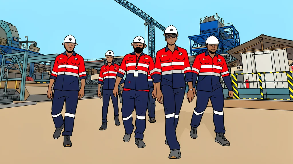 A flat-vector illustration of a large industrial gold mining site with heavy machinery and open pits in a dry landscape