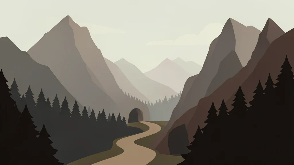 A misty, rugged mountain landscape with dark forest silhouettes and a winding path leading into a cave entrance.