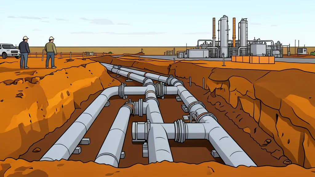A flat vector illustration of metal gas pipes running through a suburban neighborhood.