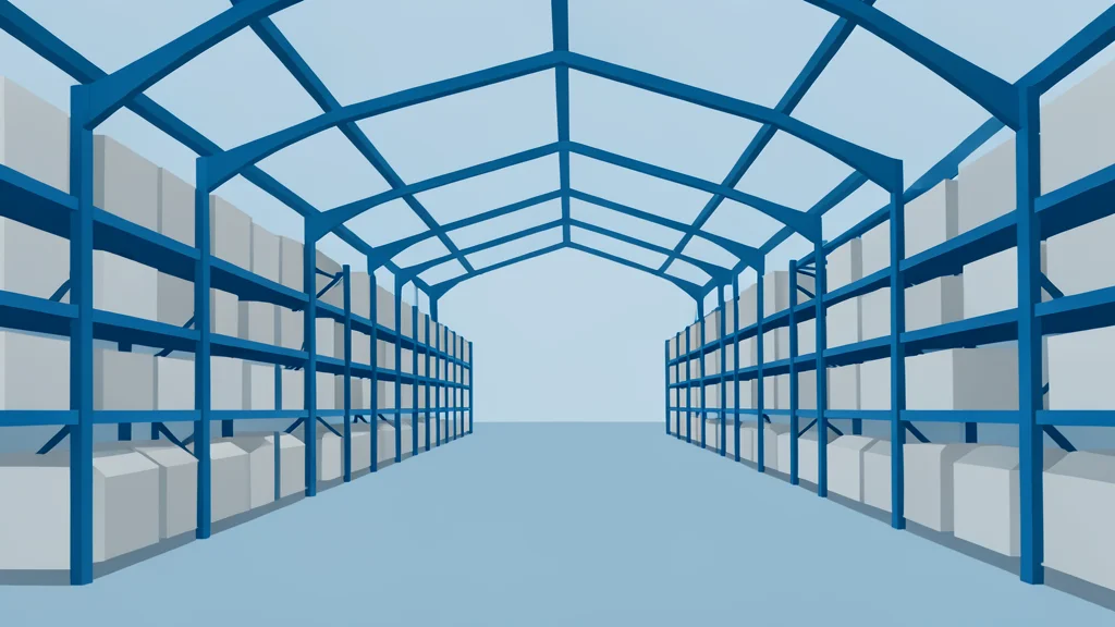 A wide-angle view of a warehouse interior with high ceilings and industrial shelving stocked with bulk goods