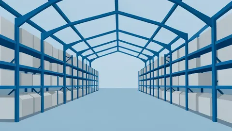 A wide-angle view of a warehouse interior with high ceilings and industrial shelving stocked with bulk goods